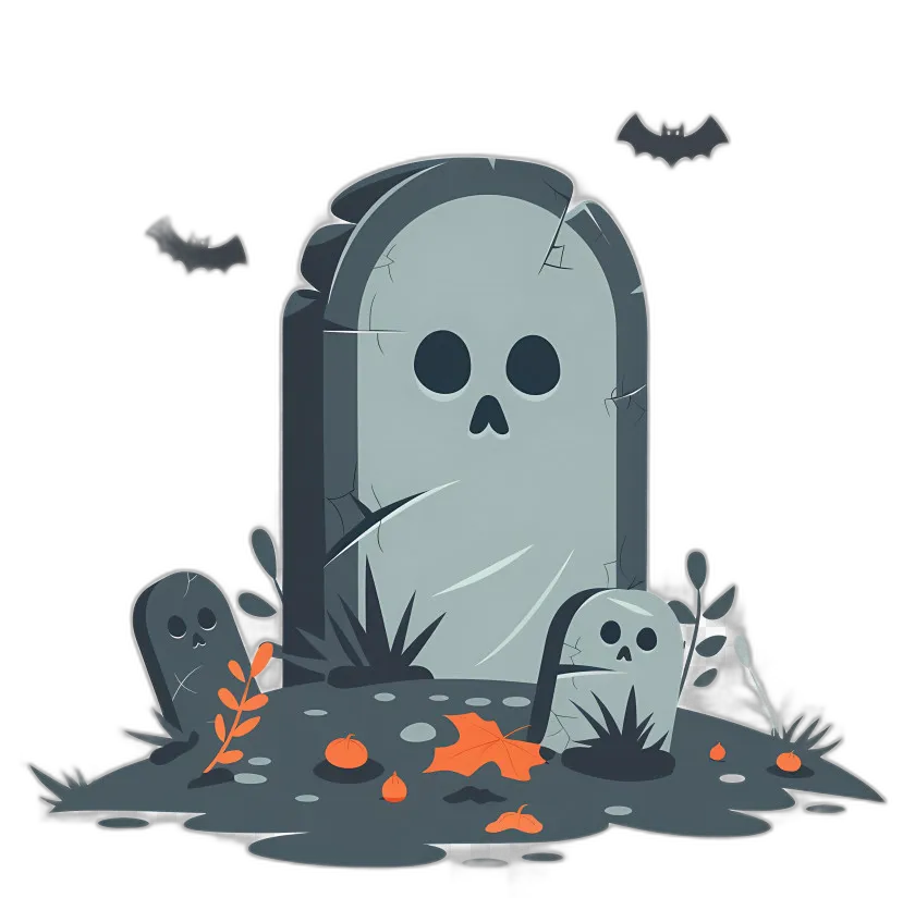 Spooky Halloween Gravestone with Skull and Bats