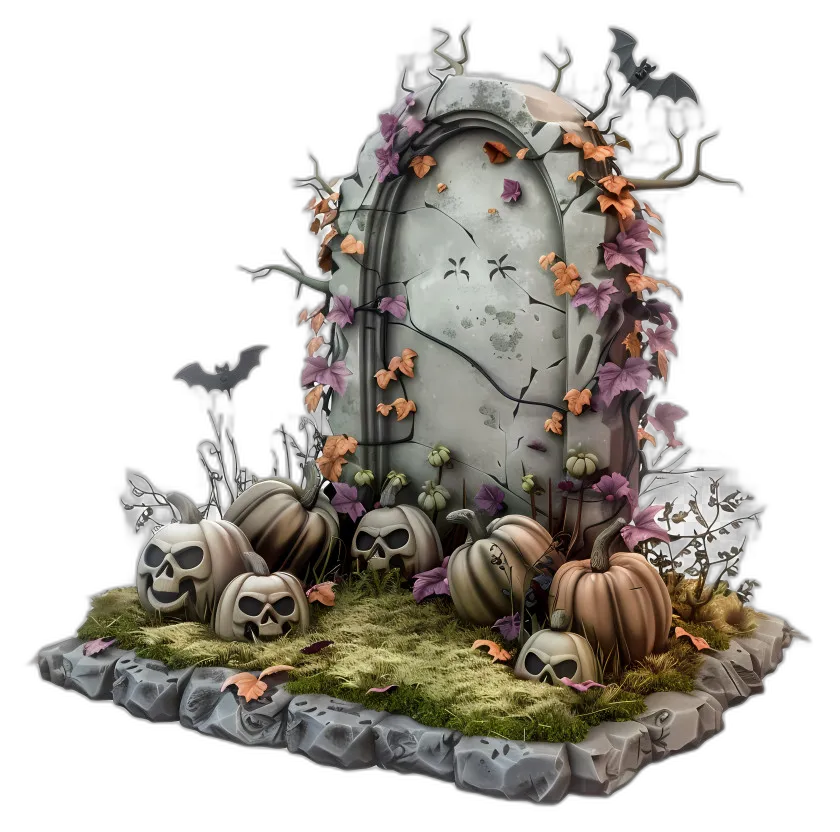 Halloween Tombstone with Pumpkins and Bats