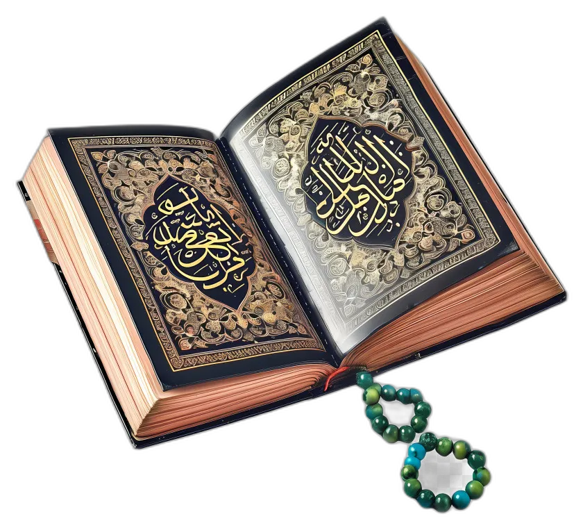 Ornate Open Quran with Prayer Beads