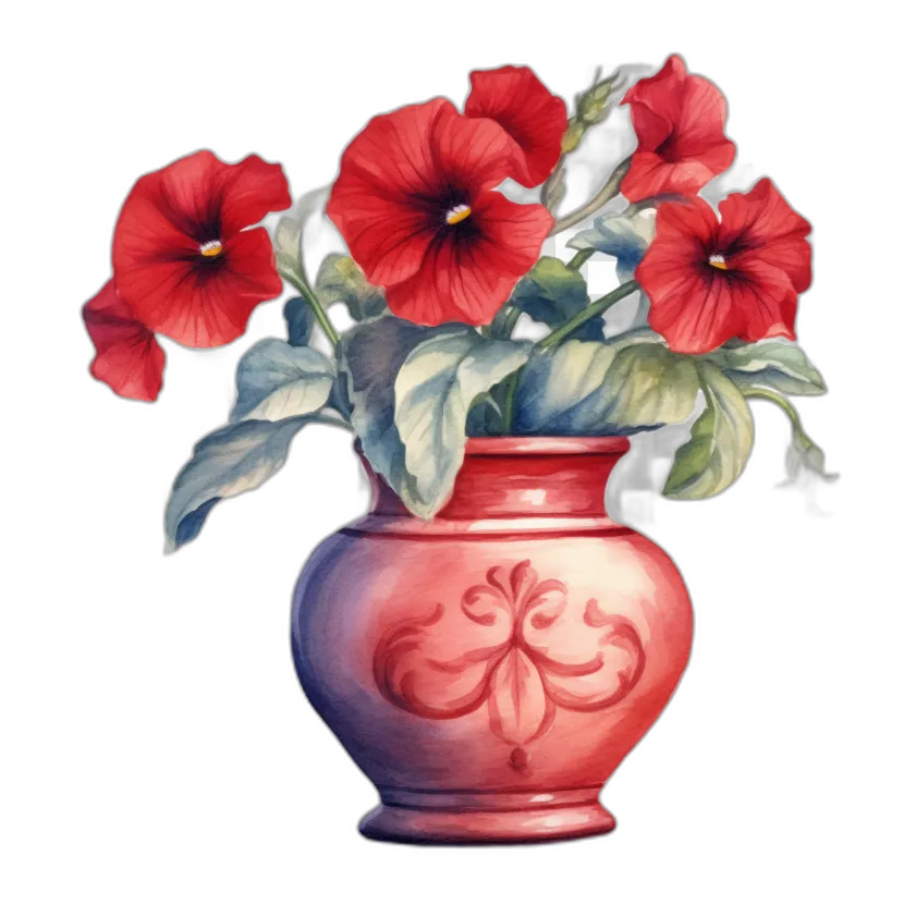 Watercolor Red Petunias in Vase