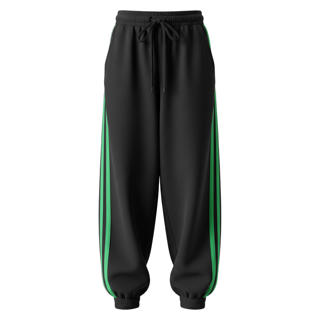 Black Baggy Sweatpants with Green Stripes