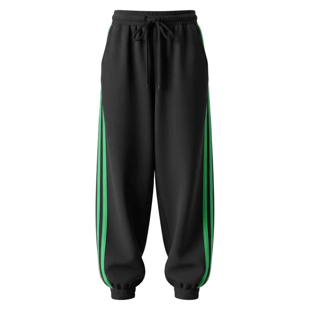 Black Baggy Sweatpants with Green Stripes