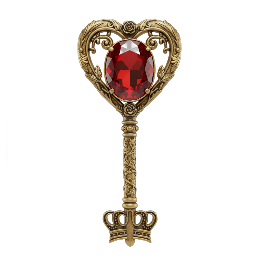 Ornate Golden Heart Key with Ruby