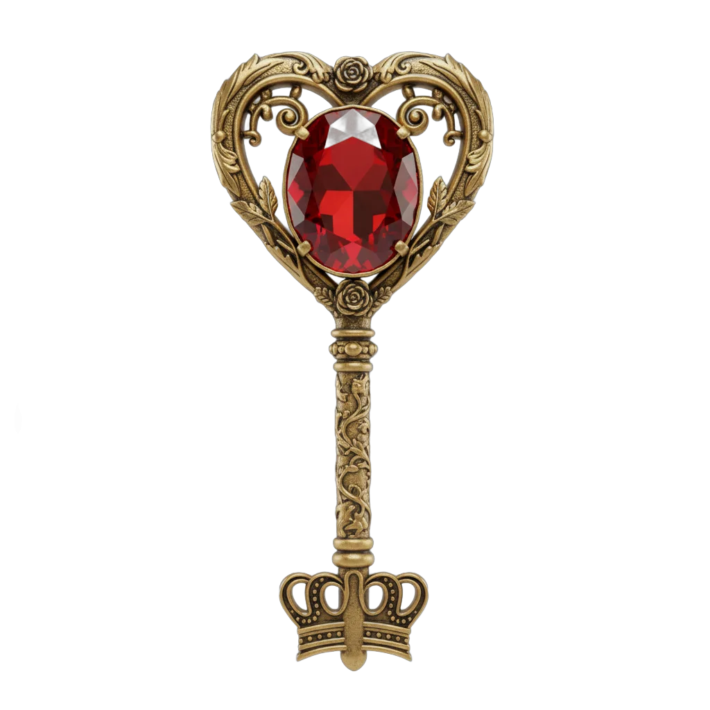 Ornate Golden Heart Key with Ruby