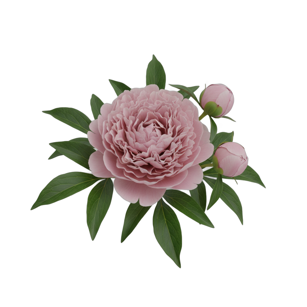 Pink Peony with Buds and Leaves