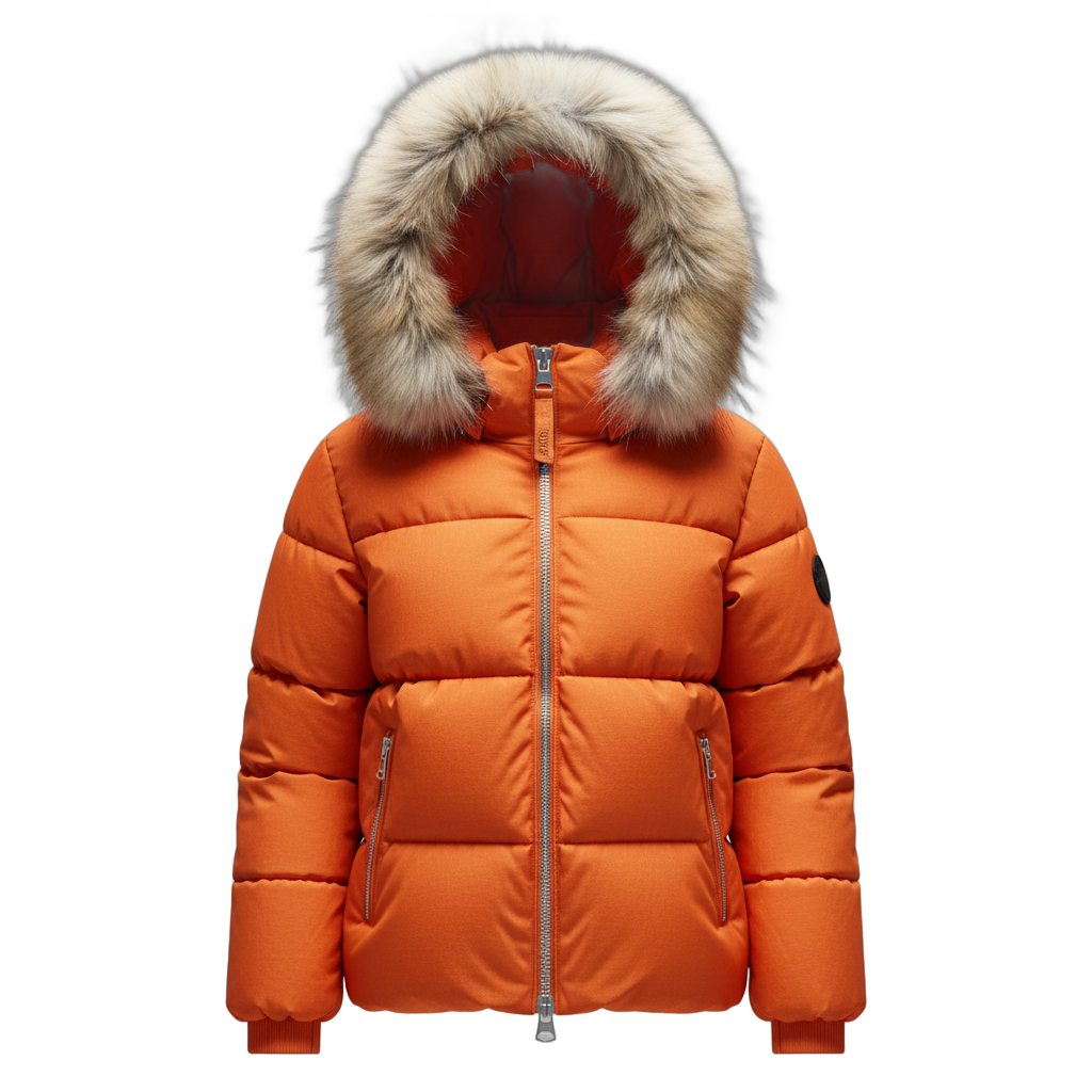 Orange Winter Puffer Jacket with Fur Hood