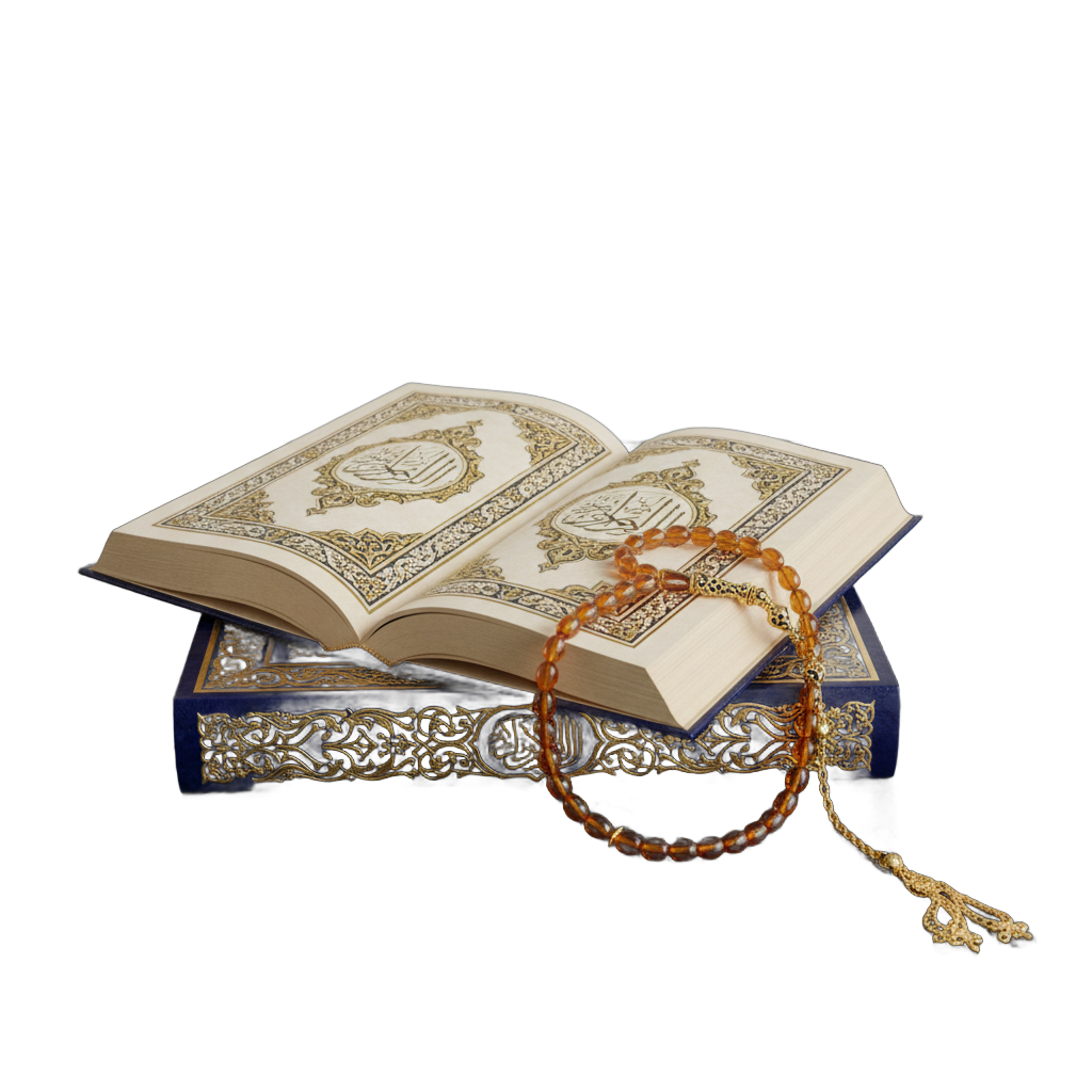 Ornate Open Quran with Prayer Beads