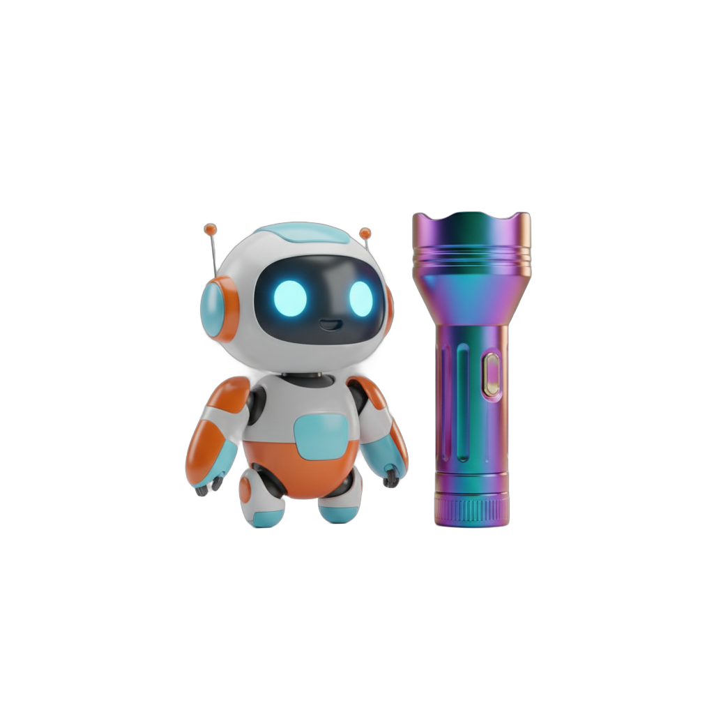 Stylized Robot and Iridescent Flashlight Bundle