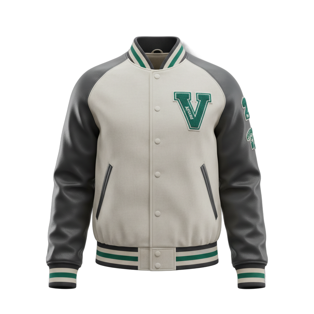 Varsity Jacket Off-White Dark Gray Teal Green