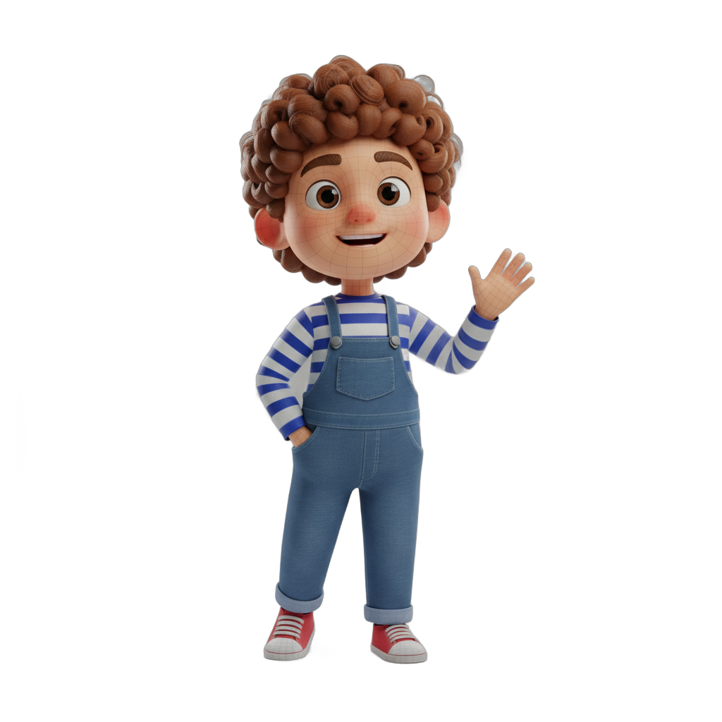 Animated Boy Character with Curly Hair