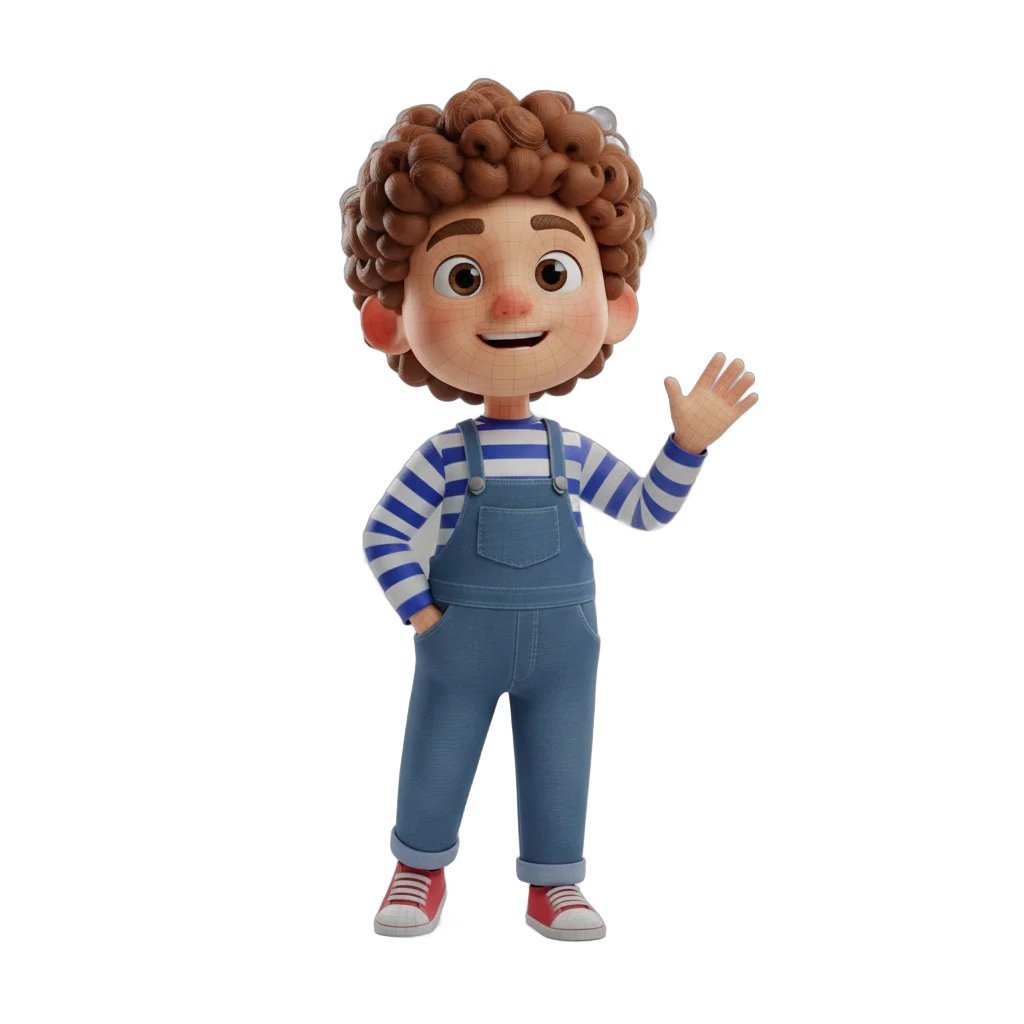 Animated Boy Character with Curly Hair