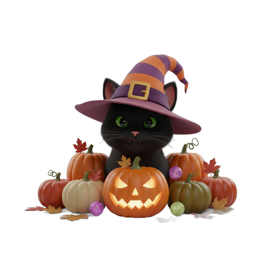 Halloween Black Cat with Witch Hat and Pumpkins
