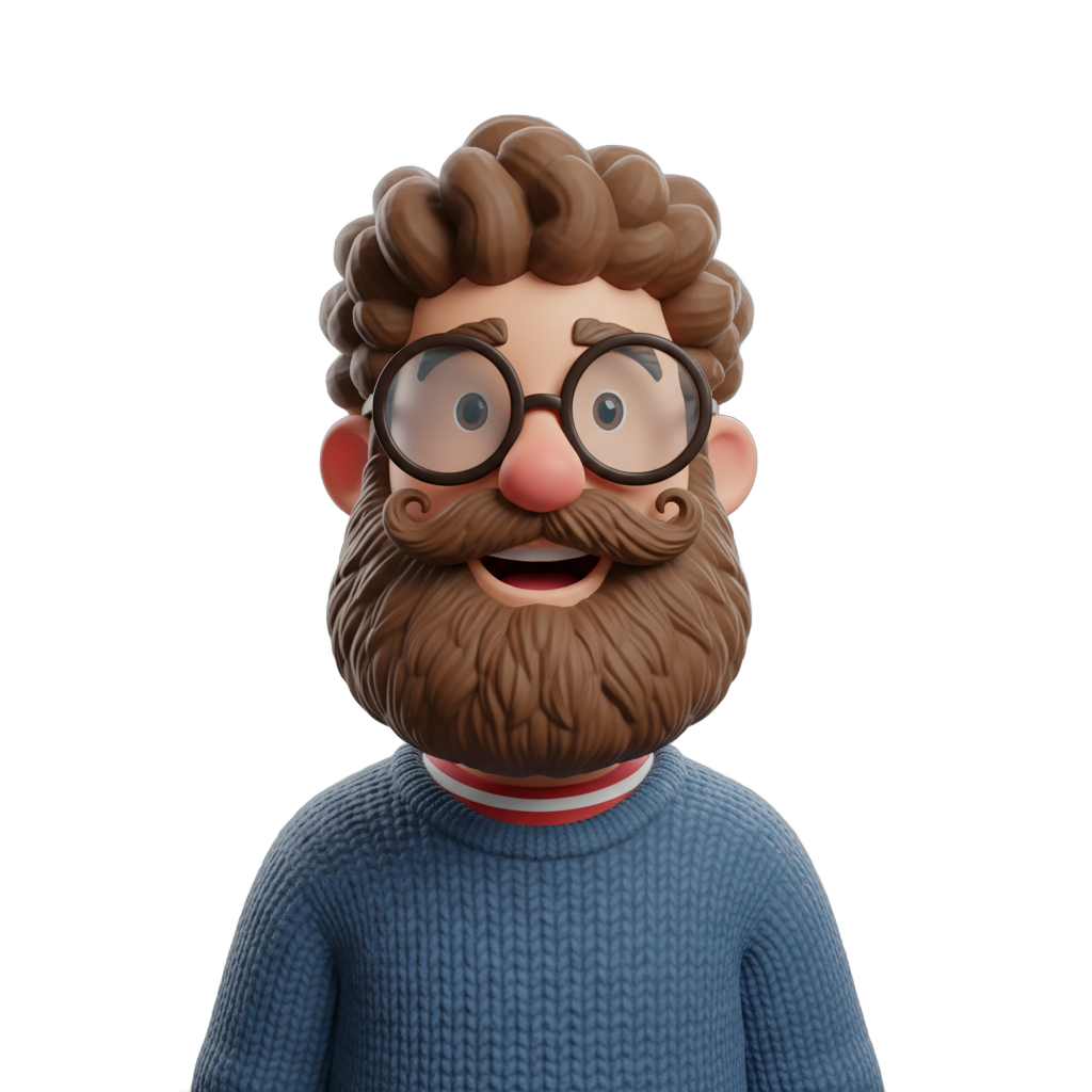 Stylized Cartoon Character with Beard and Glasses