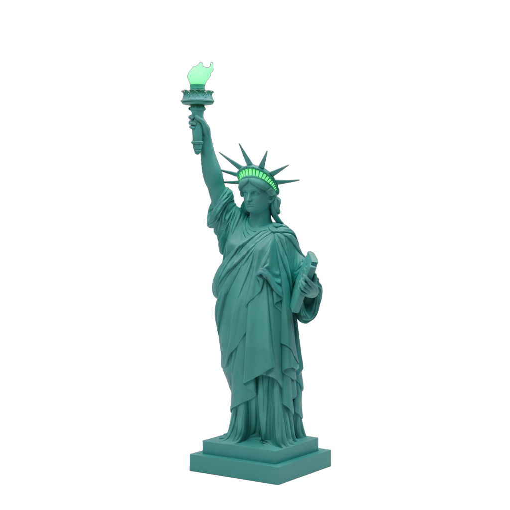 Teal Statue of Liberty with Green Flame