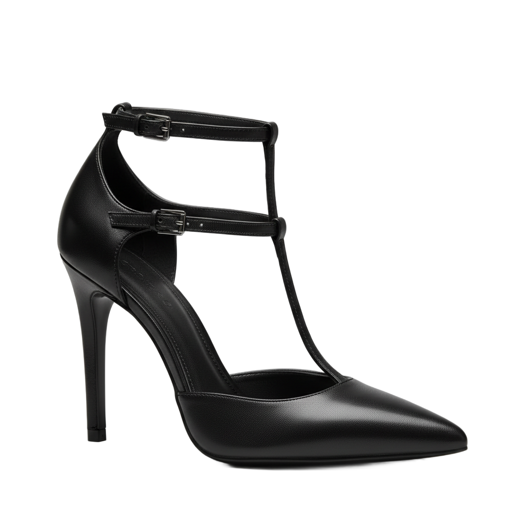 Black Leather T-Strap High Heel
