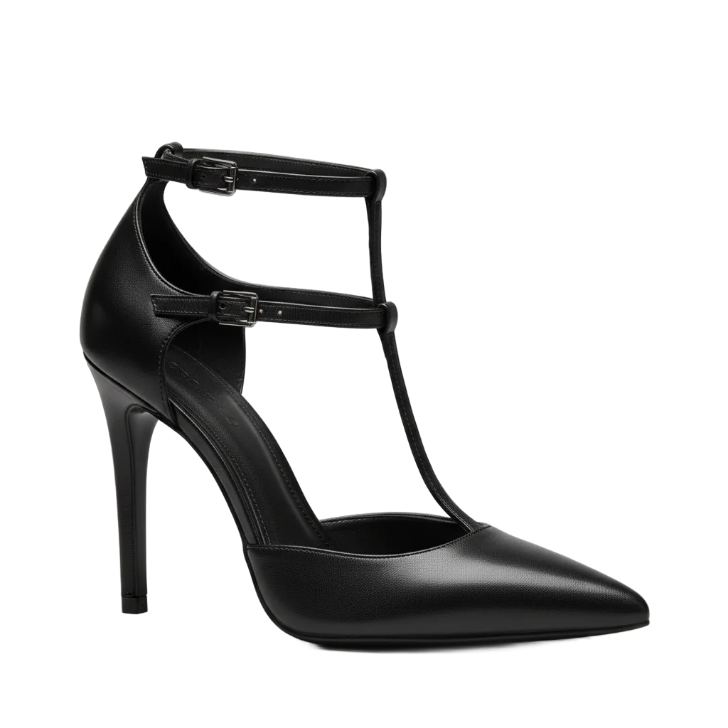 Black Leather T-Strap High Heel
