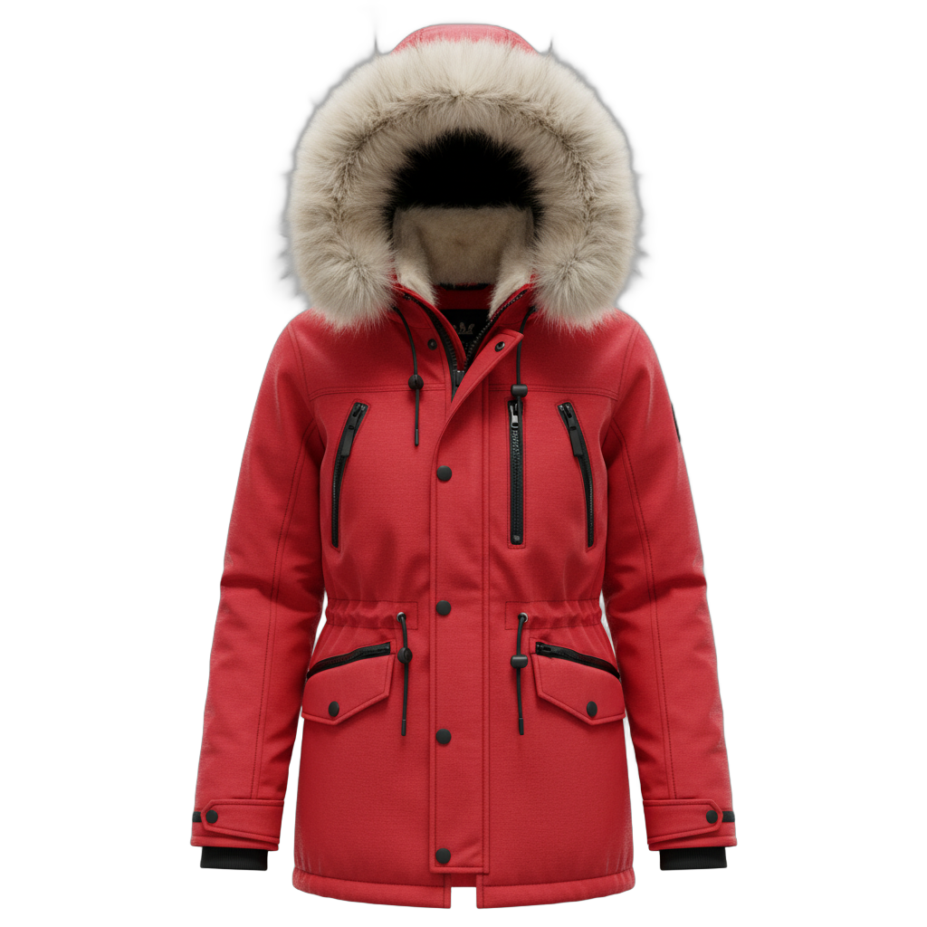 Red Winter Parka with Fur Hood