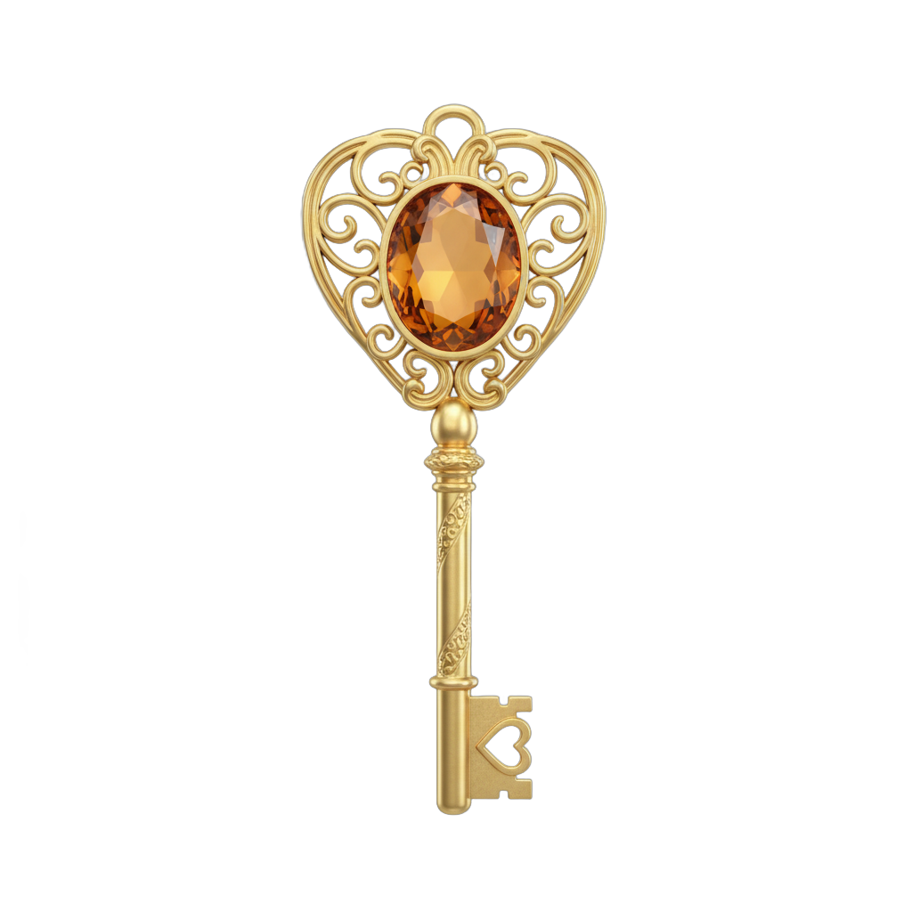 Ornate Golden Heart Key with Amber Gem