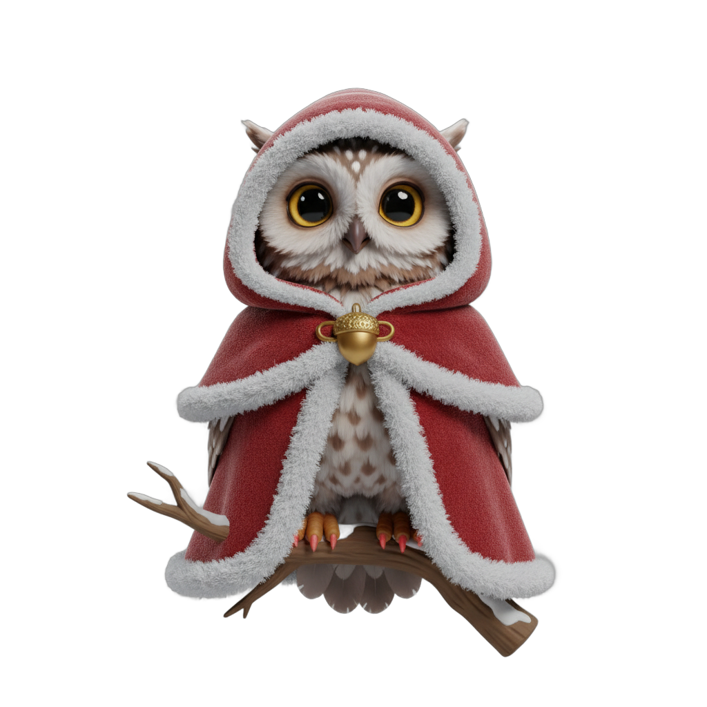Fantasy Christmas Owl in Red Hood