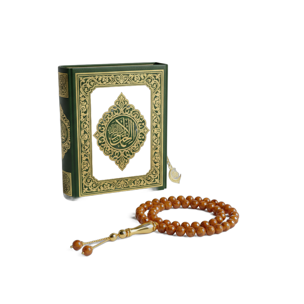 Ornate Golden Quran with Prayer Beads