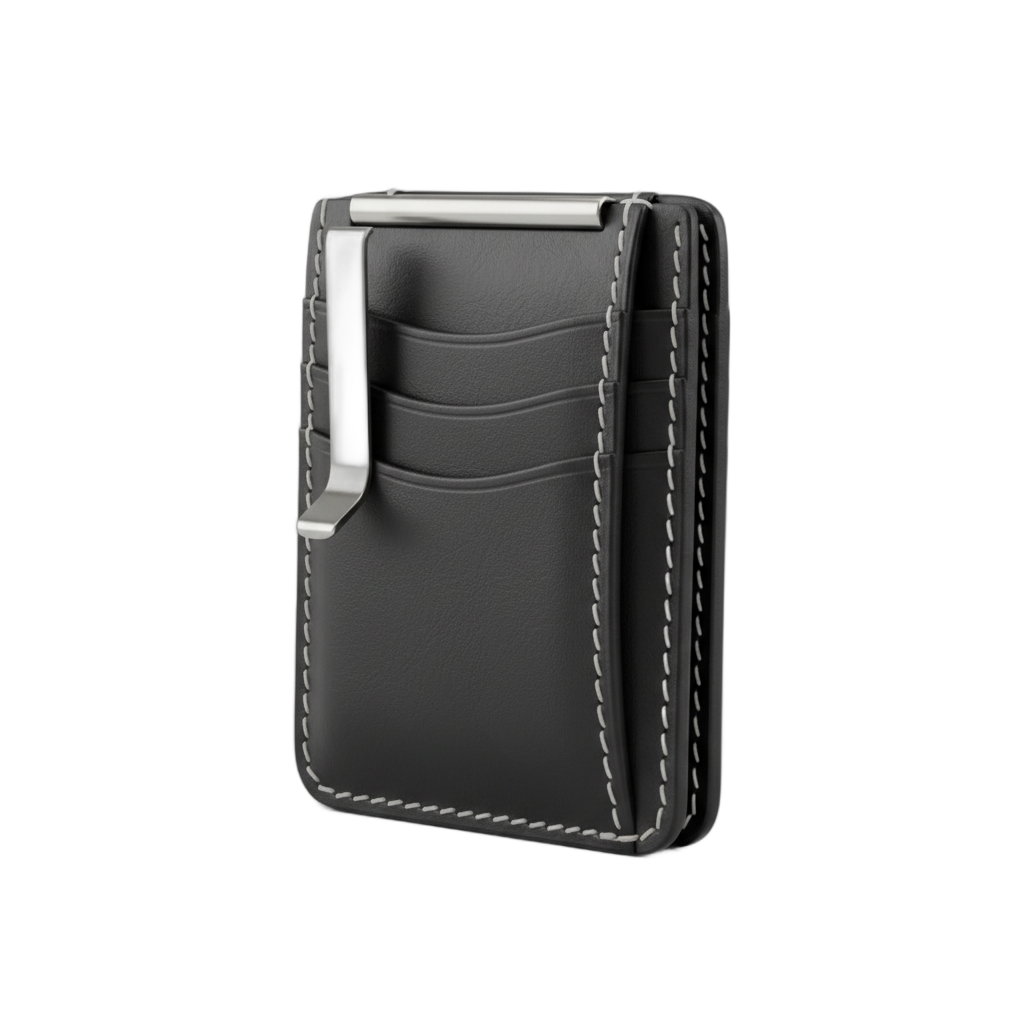 Black Leather Money Clip Card Holder