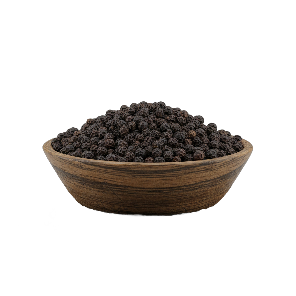 Wooden Bowl with Black Peppercorns