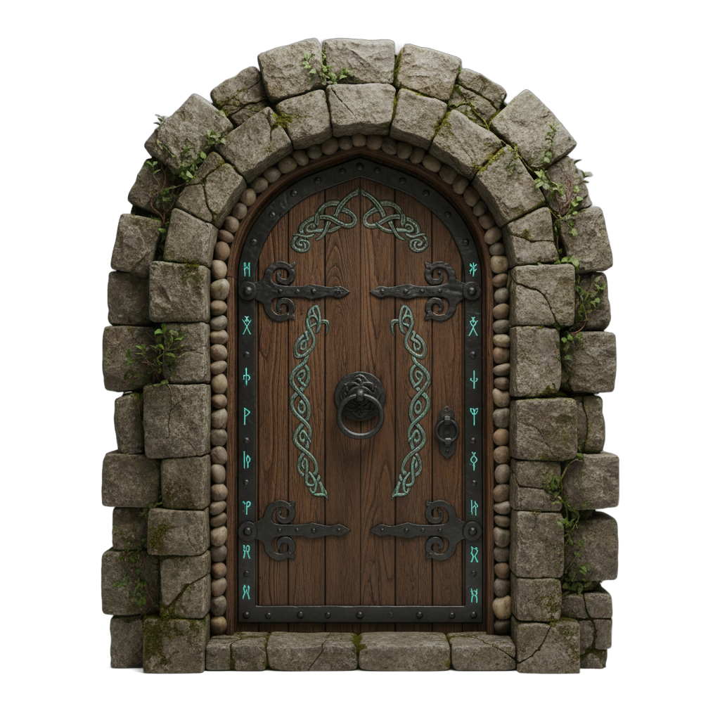 Medieval Fantasy Wooden Door with Stone Archway