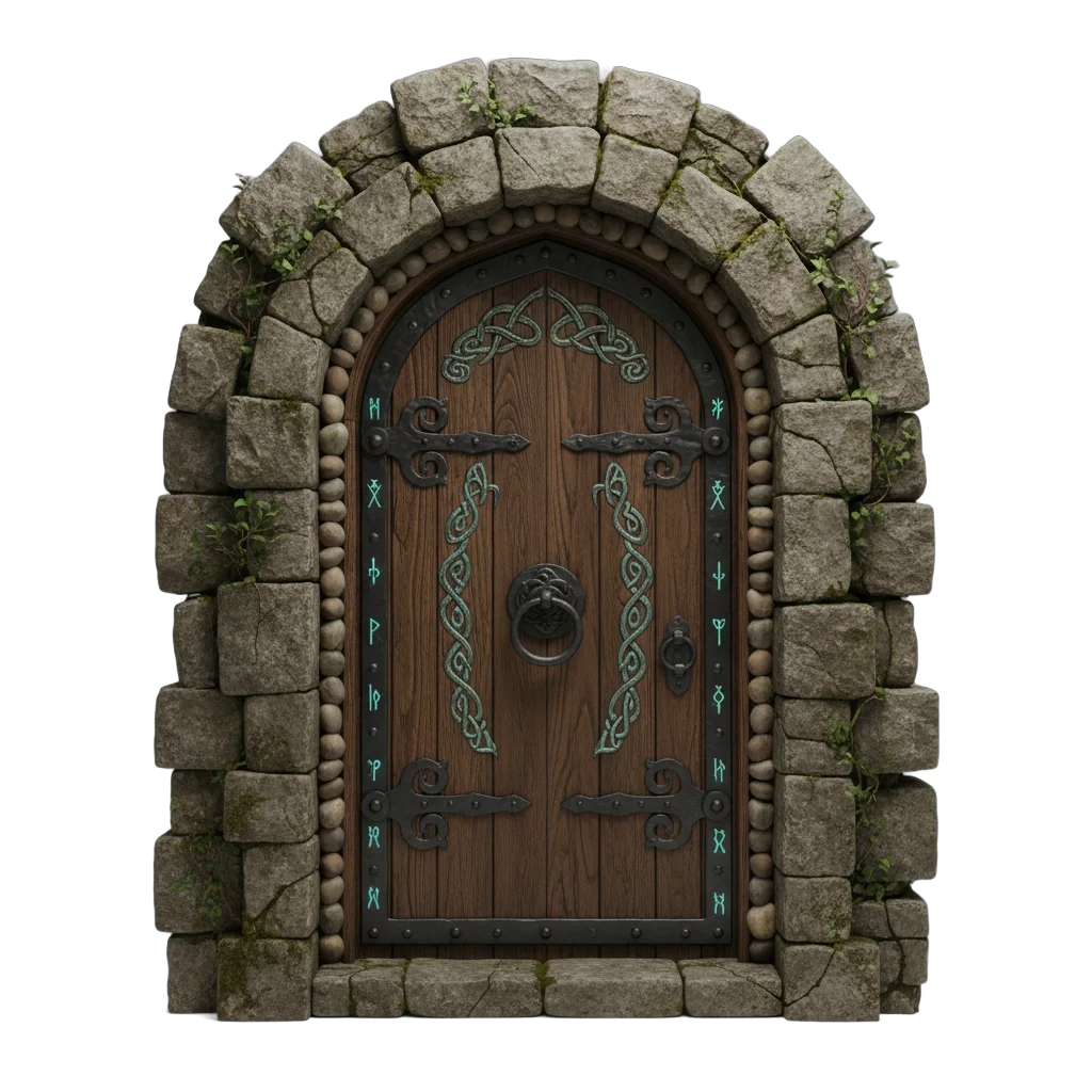 Medieval Fantasy Wooden Door with Stone Archway