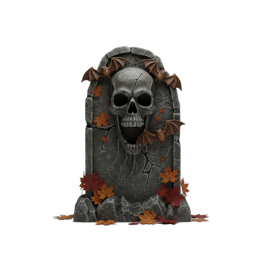 Spooky Halloween Gravestone with Skull and Bats