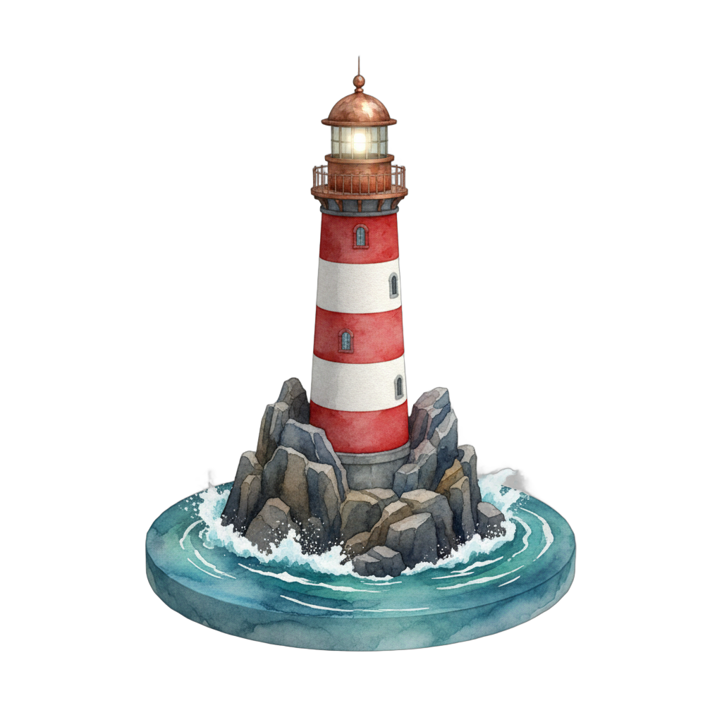 Watercolor Lighthouse on Rocky Island