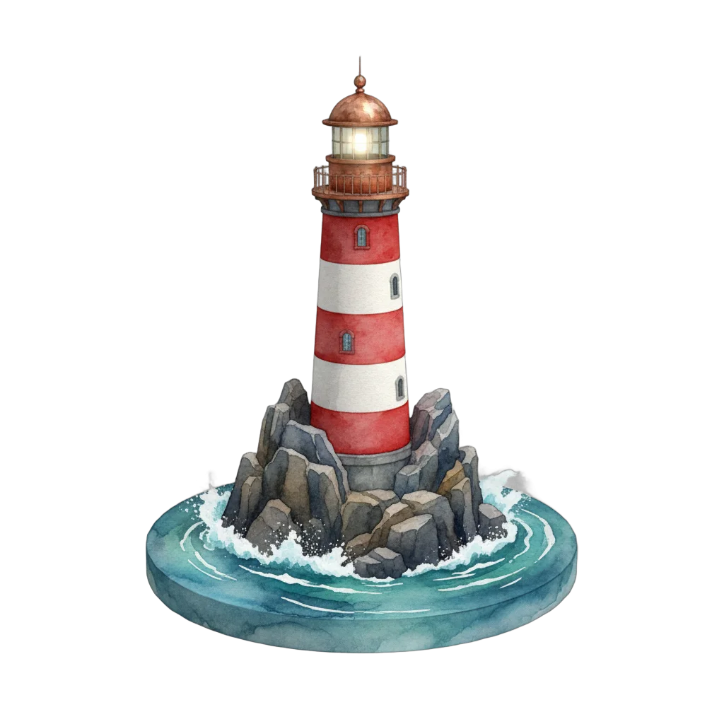 Watercolor Lighthouse on Rocky Island
