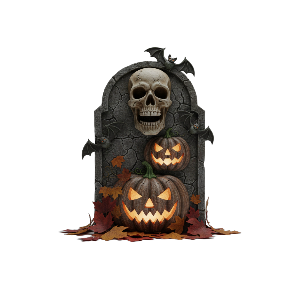 Halloween Tombstone with Pumpkins and Bats