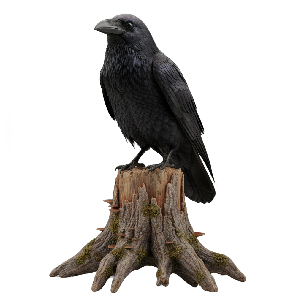 Detailed Perched Raven on Tree Stump