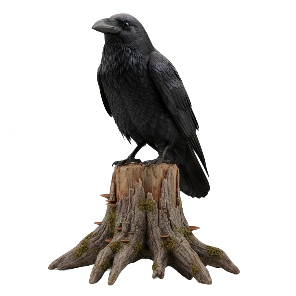 Detailed Perched Raven on Tree Stump