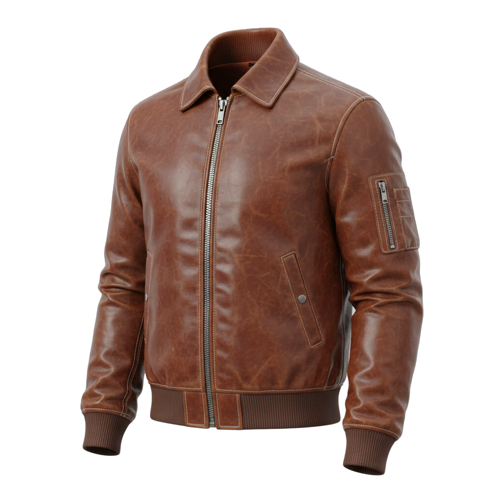 Brown Leather Bomber Jacket