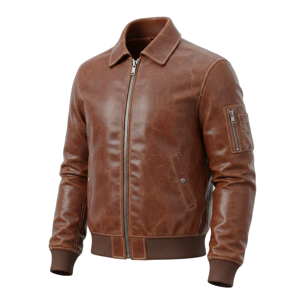 Brown Leather Bomber Jacket
